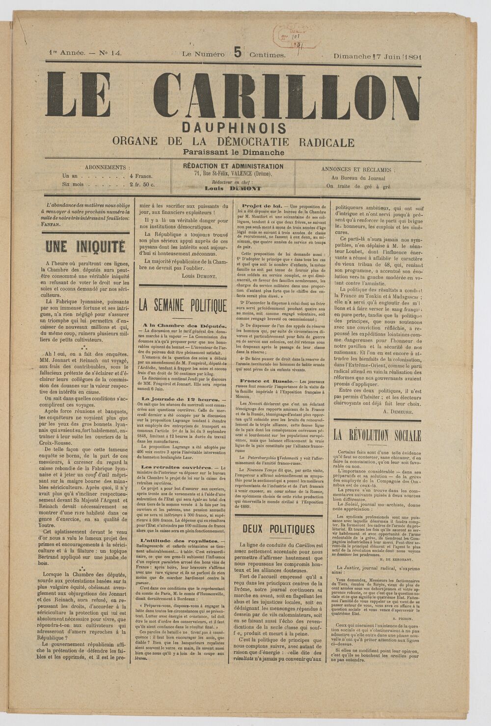 Le Carillon dauphinois : journal républicain illustré : paraissant tous les samedis / rédacteur en chef Louis Dumont