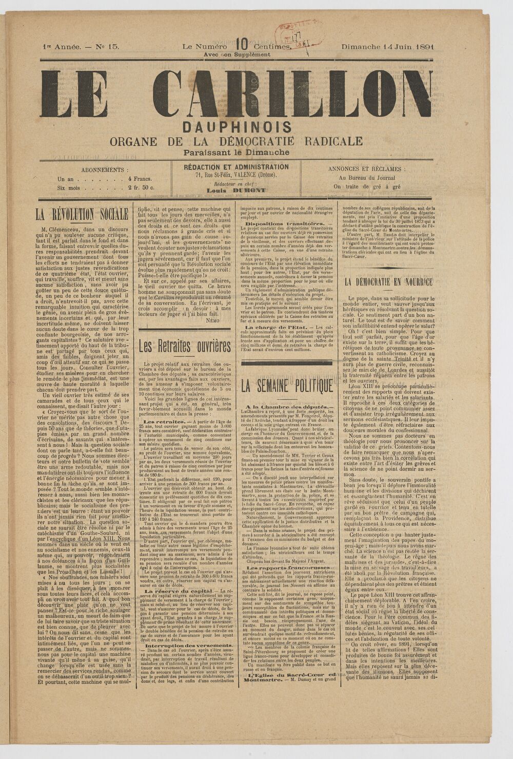 Le Carillon dauphinois : journal républicain illustré : paraissant tous les samedis / rédacteur en chef Louis Dumont