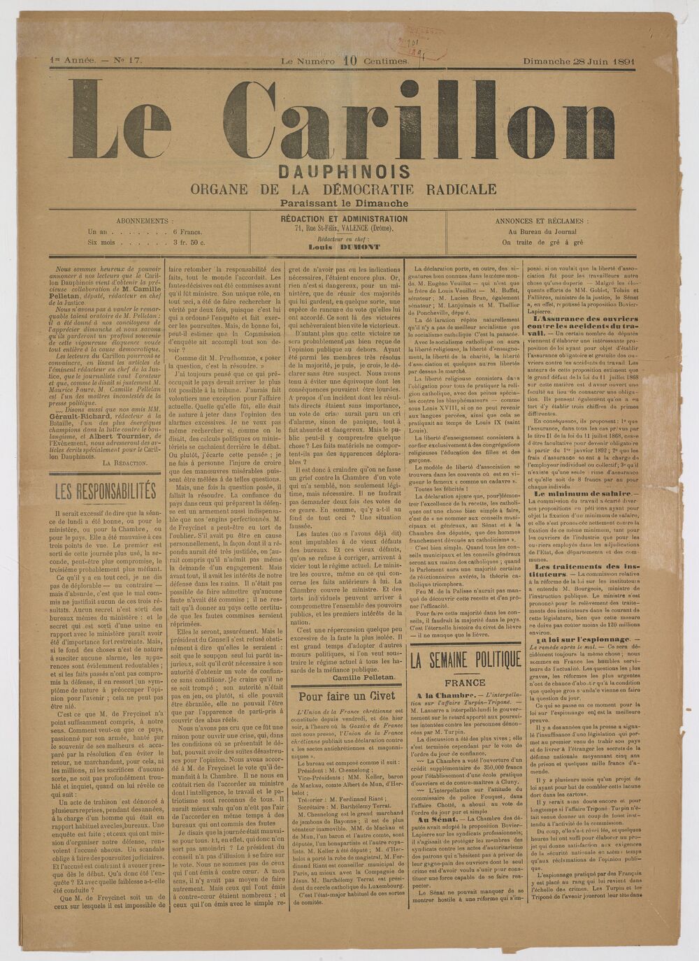 Le Carillon dauphinois : journal républicain illustré : paraissant tous les samedis / rédacteur en chef Louis Dumont