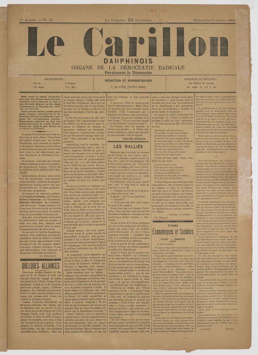 Le Carillon dauphinois : journal républicain illustré : paraissant tous les samedis / rédacteur en chef Louis Dumont