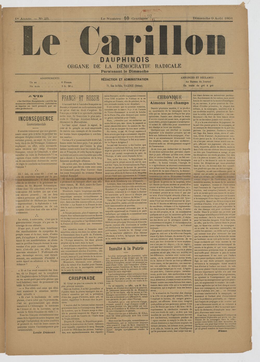 Le Carillon dauphinois : journal républicain illustré : paraissant tous les samedis / rédacteur en chef Louis Dumont