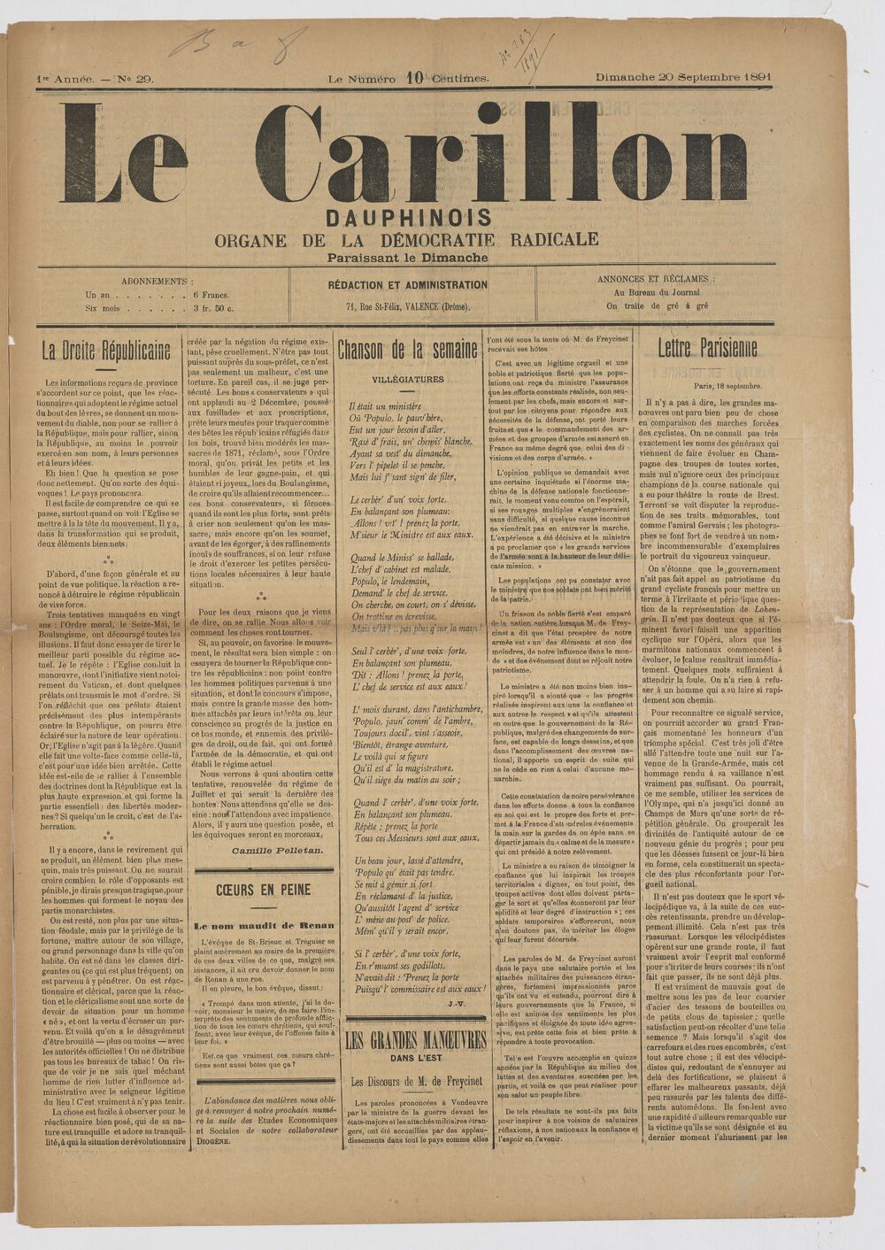 Le Carillon dauphinois : journal républicain illustré : paraissant tous les samedis / rédacteur en chef Louis Dumont