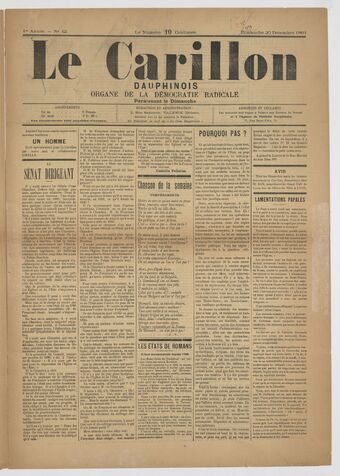 Le Carillon dauphinois : journal républicain illustré : paraissant tous les samedis / rédacteur en chef Louis Dumont