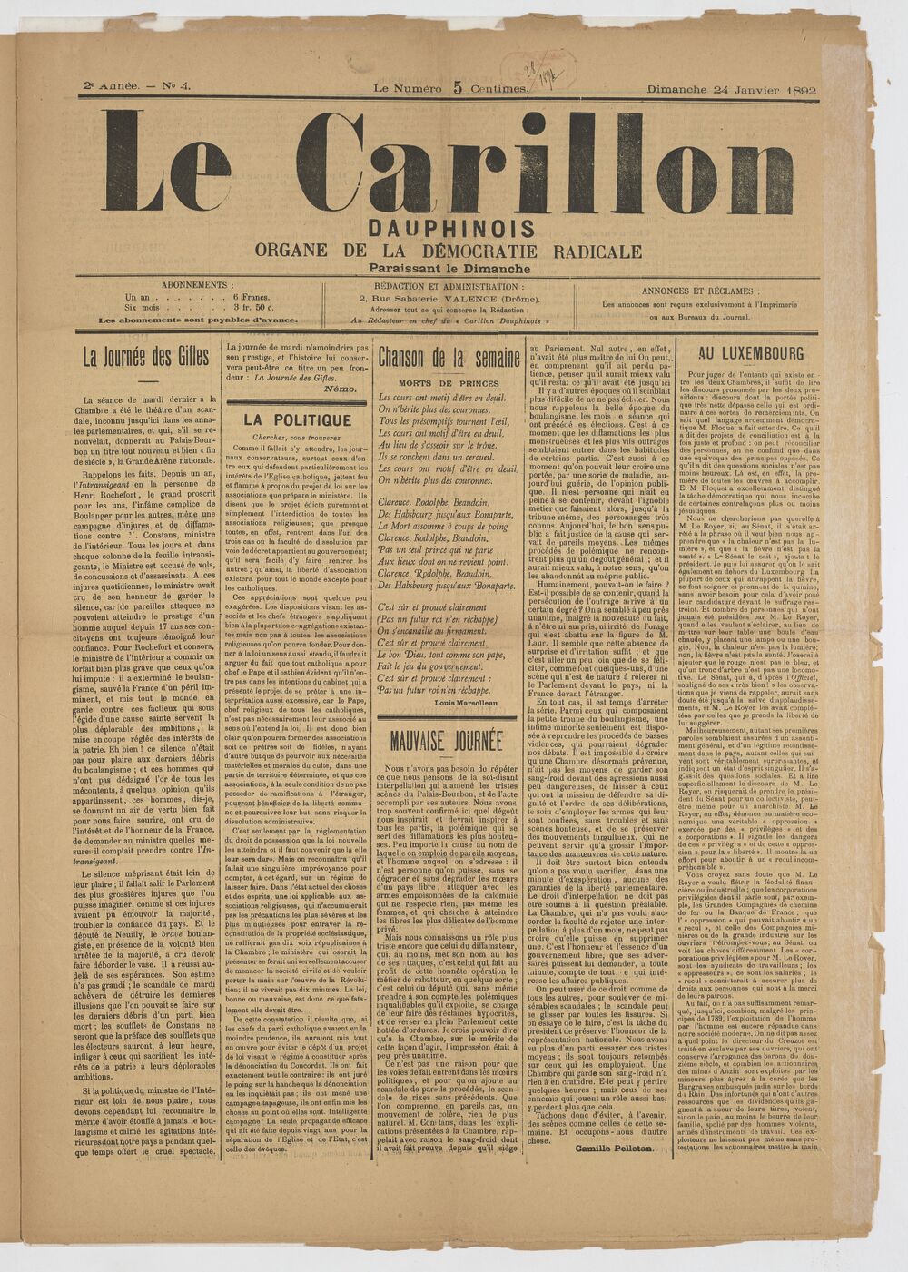 Le Carillon dauphinois : journal républicain illustré : paraissant tous les samedis / rédacteur en chef Louis Dumont