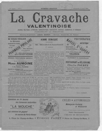 La Cravache valentinoise : journal politique, littéraire, humouristique, fantaisiste, agricole, commercial et mondain / directeur-propriétaire Louis Esprit