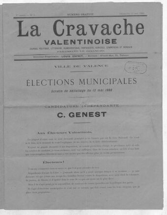 La Cravache valentinoise : journal politique, littéraire, humouristique, fantaisiste, agricole, commercial et mondain / directeur-propriétaire Louis Esprit