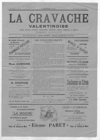 La Cravache valentinoise : journal politique, littéraire, humouristique, fantaisiste, agricole, commercial et mondain / directeur-propriétaire Louis Esprit