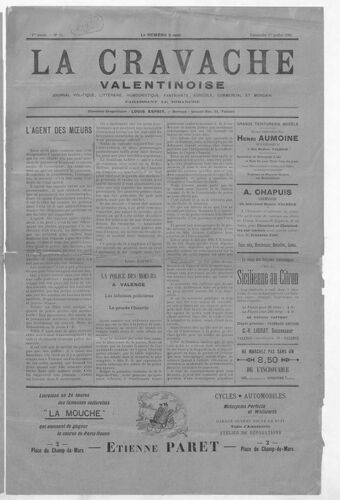 La Cravache valentinoise : journal politique, littéraire, humouristique, fantaisiste, agricole, commercial et mondain / directeur-propriétaire Louis Esprit