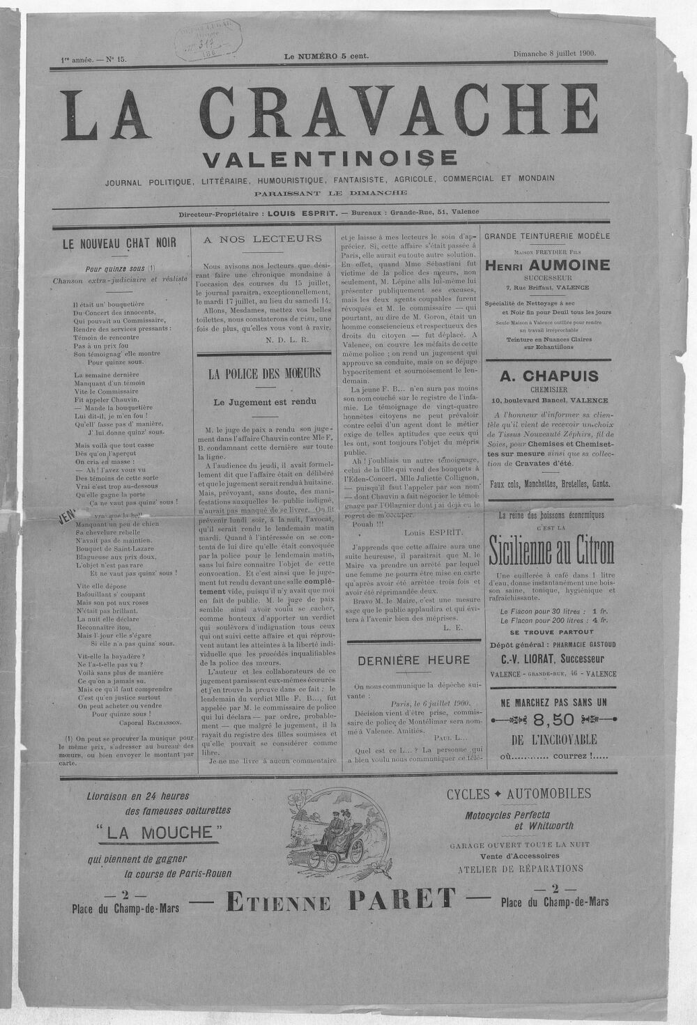 La Cravache valentinoise : journal politique, littéraire, humouristique, fantaisiste, agricole, commercial et mondain / directeur-propriétaire Louis Esprit