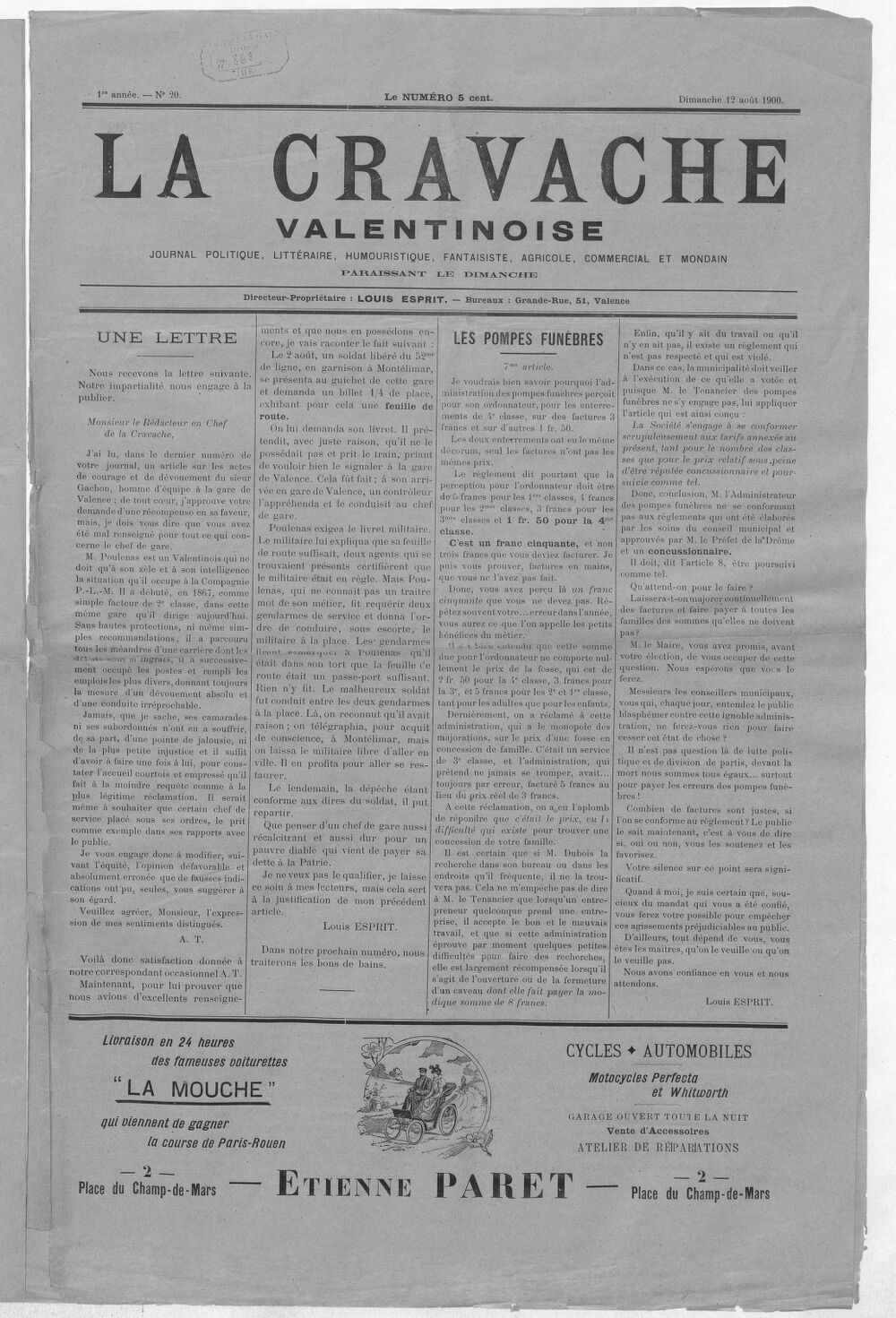 La Cravache valentinoise : journal politique, littéraire, humouristique, fantaisiste, agricole, commercial et mondain / directeur-propriétaire Louis Esprit