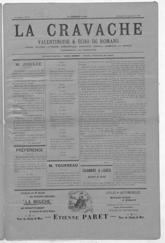 La Cravache valentinoise : journal politique, littéraire, humouristique, fantaisiste, agricole, commercial et mondain / directeur-propriétaire Louis Esprit