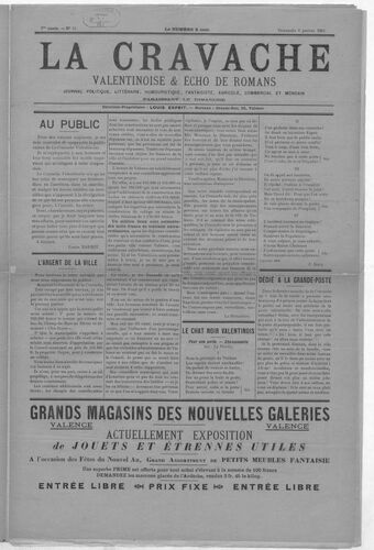 La Cravache valentinoise : journal politique, littéraire, humouristique, fantaisiste, agricole, commercial et mondain / directeur-propriétaire Louis Esprit