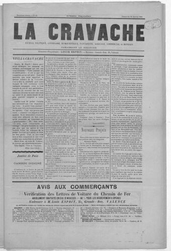 La Cravache valentinoise : journal politique, littéraire, humouristique, fantaisiste, agricole, commercial et mondain / directeur-propriétaire Louis Esprit