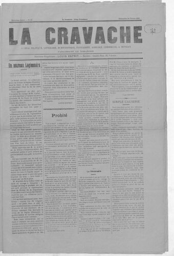 La Cravache valentinoise : journal politique, littéraire, humouristique, fantaisiste, agricole, commercial et mondain / directeur-propriétaire Louis Esprit