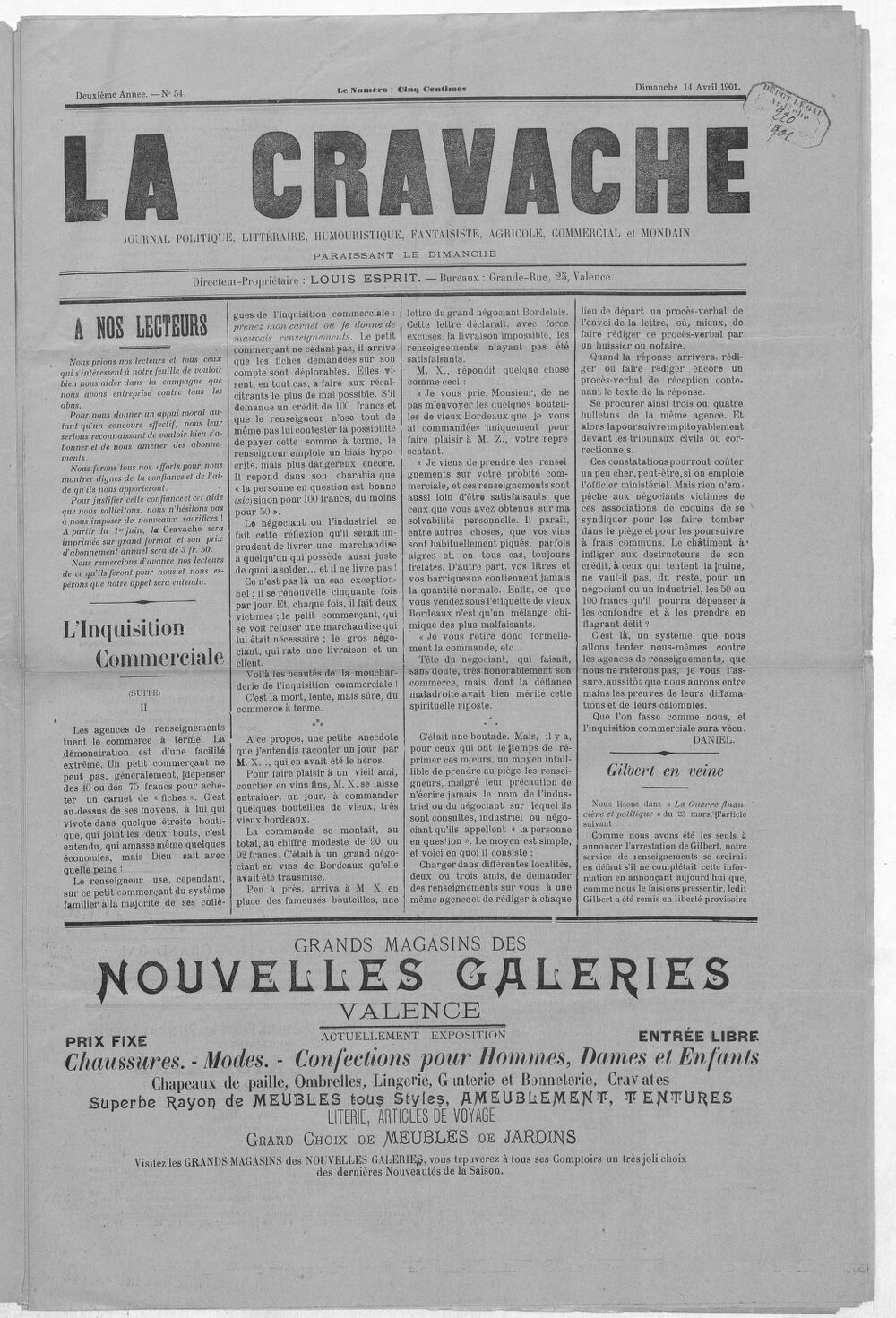 La Cravache valentinoise : journal politique, littéraire, humouristique, fantaisiste, agricole, commercial et mondain / directeur-propriétaire Louis Esprit