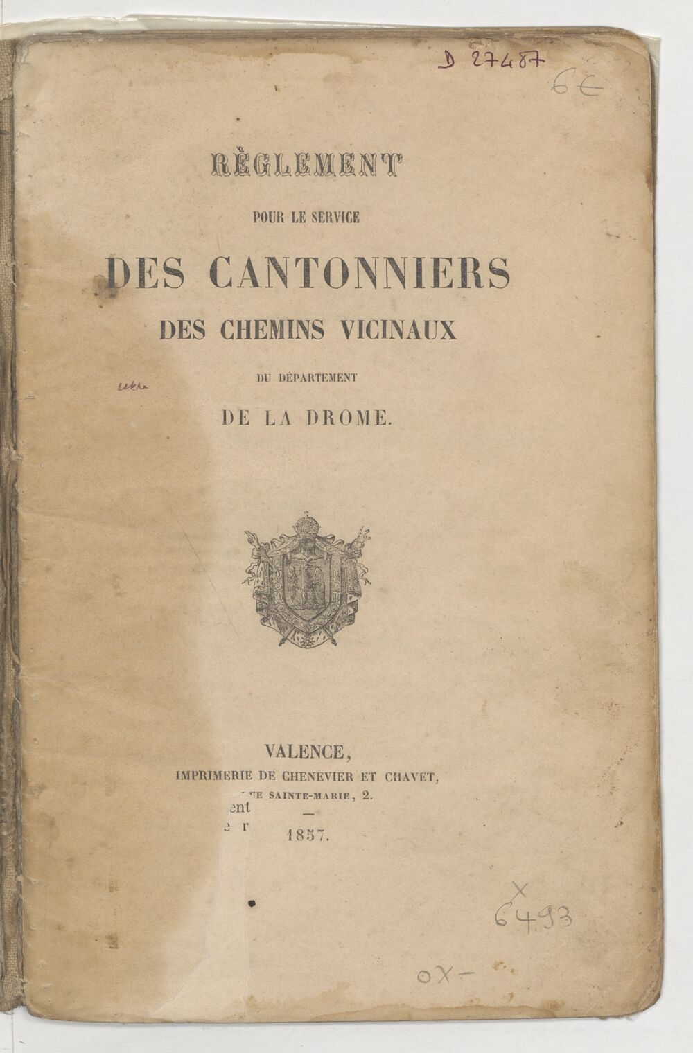 Règlement pour le service des cantonniers des chemins vicinaux du département de la Drôme