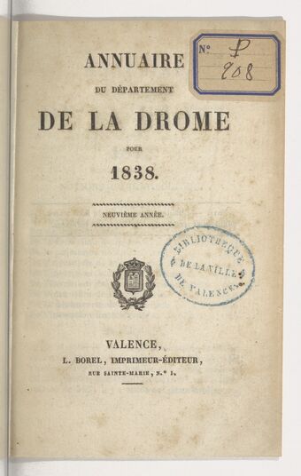 Annuaire du département de la Drome pour l'an... / par Mr. Gueymar-Dupalais...