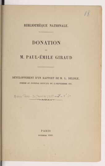 Donation de M. Paul-Émile Giraud, développement d'un rapport de M. L. Delisle inséré au 