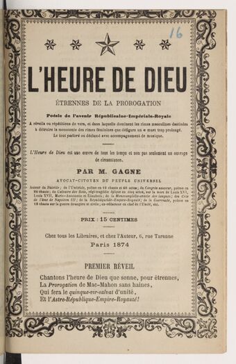 L'heure de Dieu : étrennes de la prorogation, poésie de l'avenir républicaine-impériale-royale à réveils ou répétitions de vers... / par M. Gagne,...