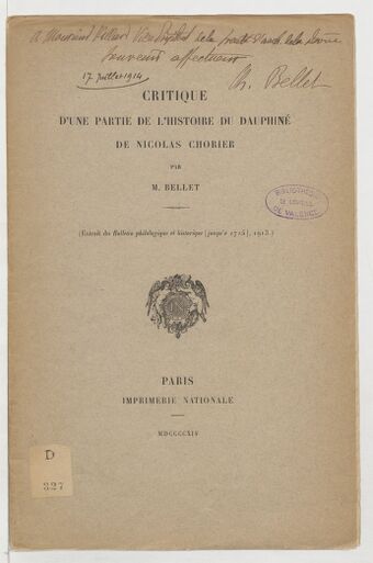Critique d'une partie de l'Histoire du Dauphiné de Nicolas Chorier / par M. Bellet