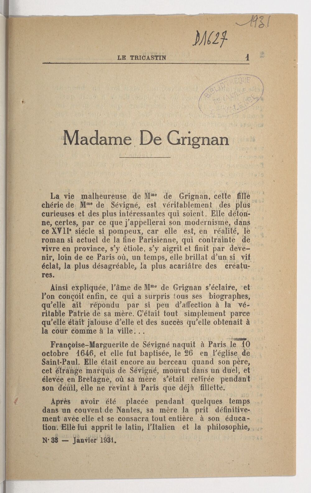 Le Tricastin : histoire, arts, littératures, tourisme : revue mensuelle dirigée par Rodolphe Bringer