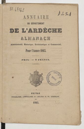 Annuaire du département de l'Ardèche : almanach administratif, ecclésiastique et commercial pour l'année...