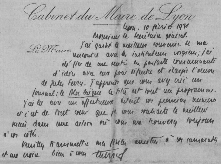 Lettre manuscrite d'Édouard Herriot au journal Le Bloc laïque vosgien. Image publiée à Épinal le 1er mars 1931 dans le journal : Le Bloc laïque vosgien