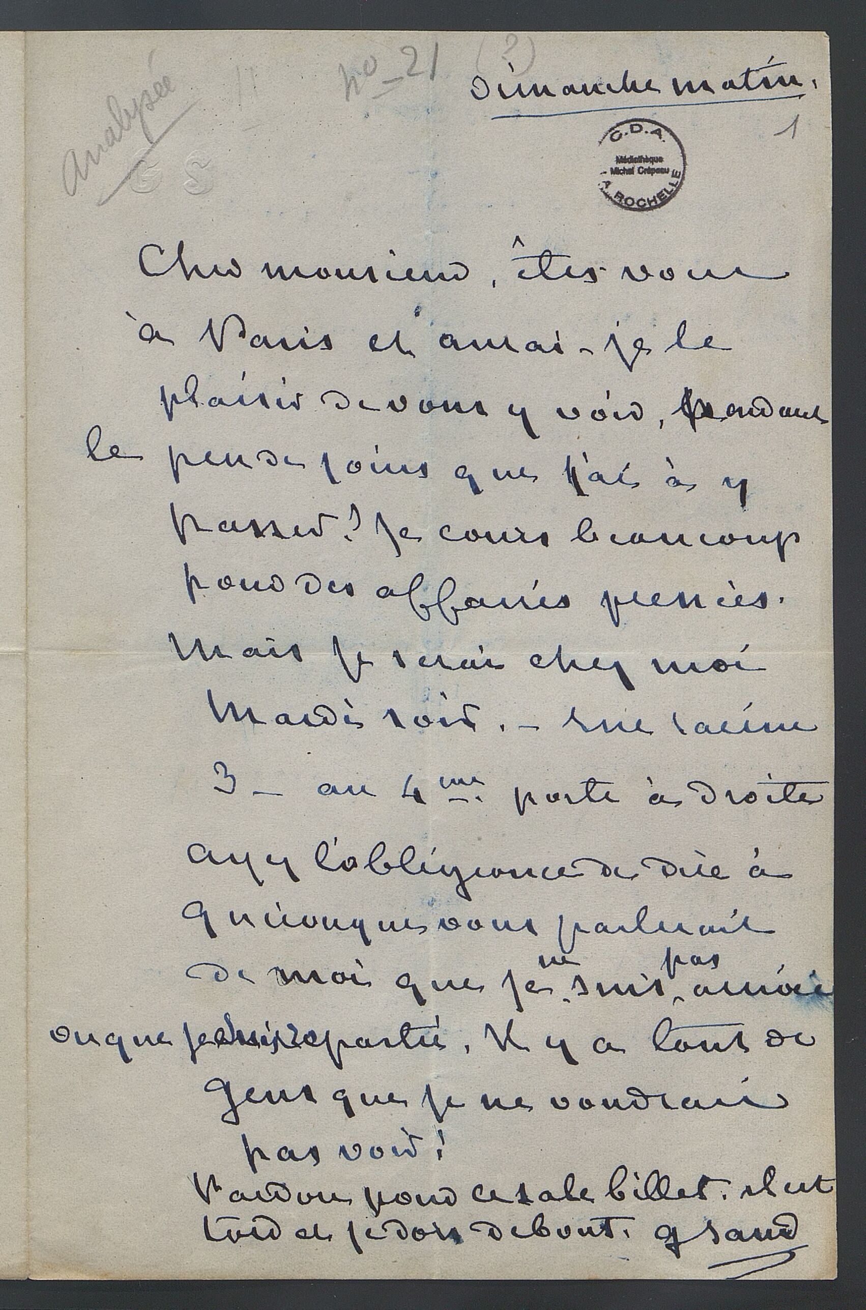 Fonds Eugène Fromentin. Correspondance. Lettre autographe adressée à Eugène Fromentin par George Sand.