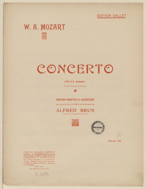 Concerto en La Majeur pour violon et piano / W. A. Mozart ; édition doigtée et accentuée par Alfred Brun, professeur au Conservatoire de Paris