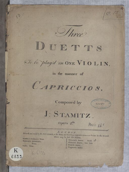 Three Duetts to be play'd on one violin in the manner of Capriccios... opera 2do