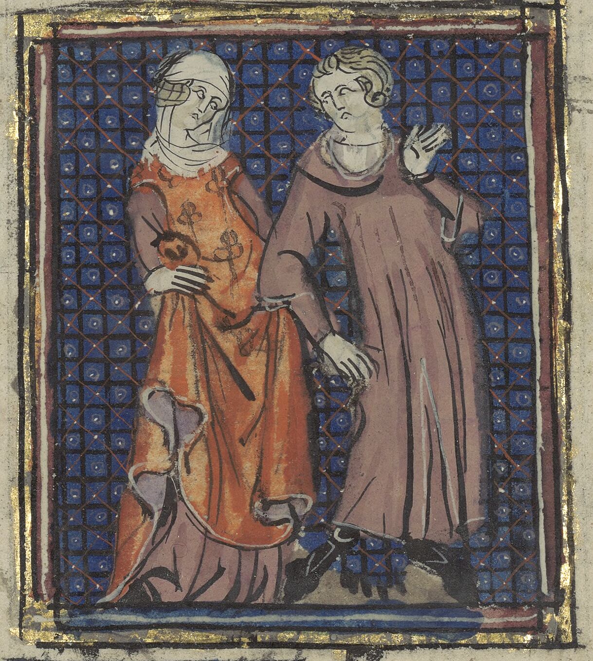 Close up of an illustration of two individuals, View 139 - Folio 68r of the manuscript