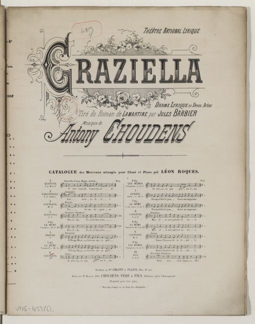 Graziella, a lyrical drama in 2 acts from the novel by A. de Lamartine by Jules Barbier, [songs detached singing and piano by Léon Roques]