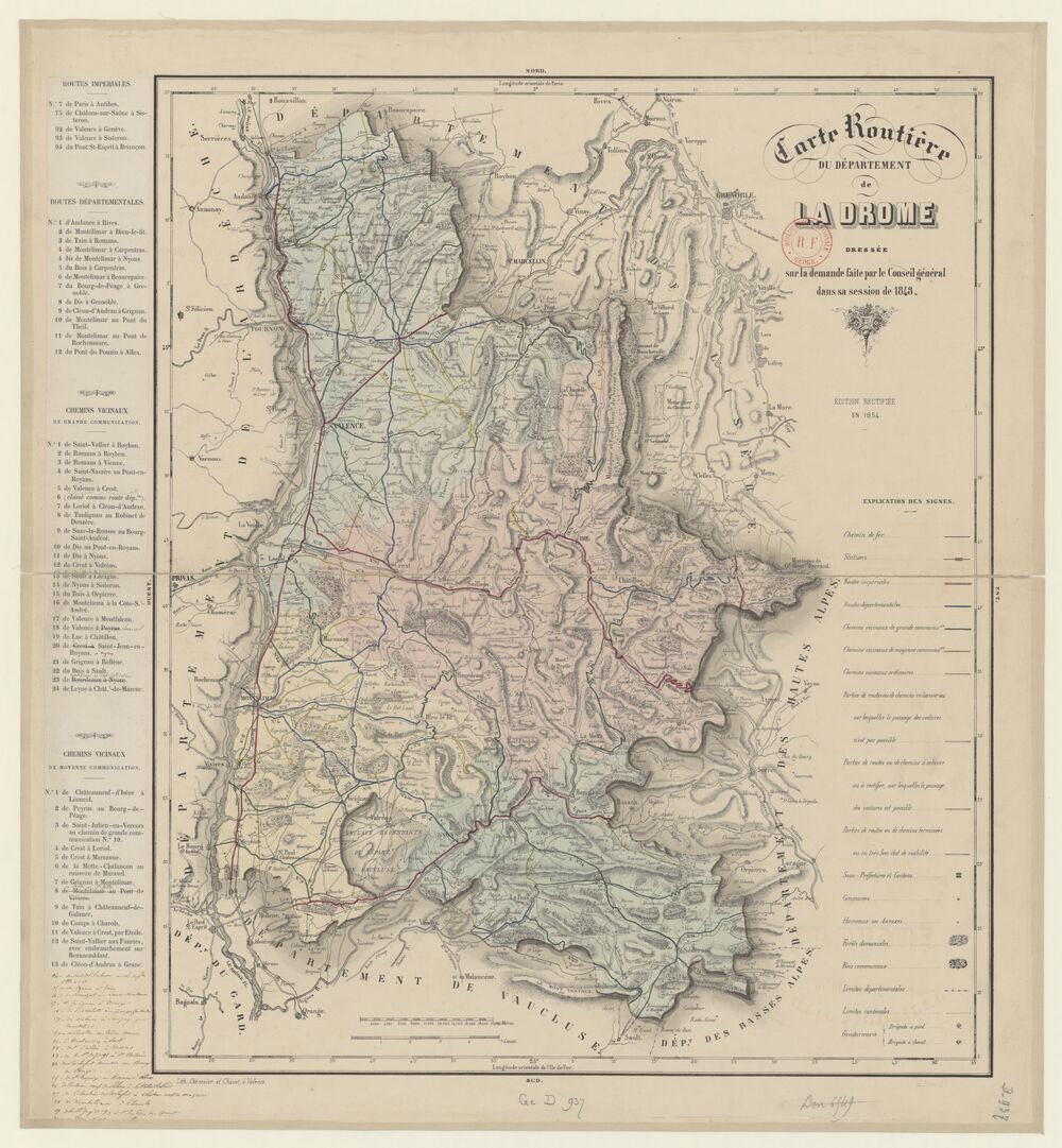 Carte routière du département de la Drôme, dressée sur la demande faite par le conseil général dans sa session de 1848. Edition rectifiée en 1854