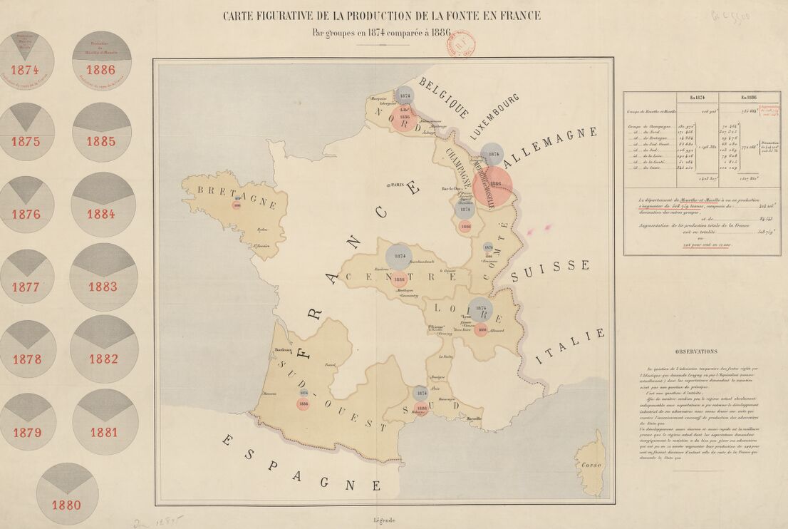 Carte figurative de la production de la fonte en France par groupes, en 1874, comparée à 1886 
