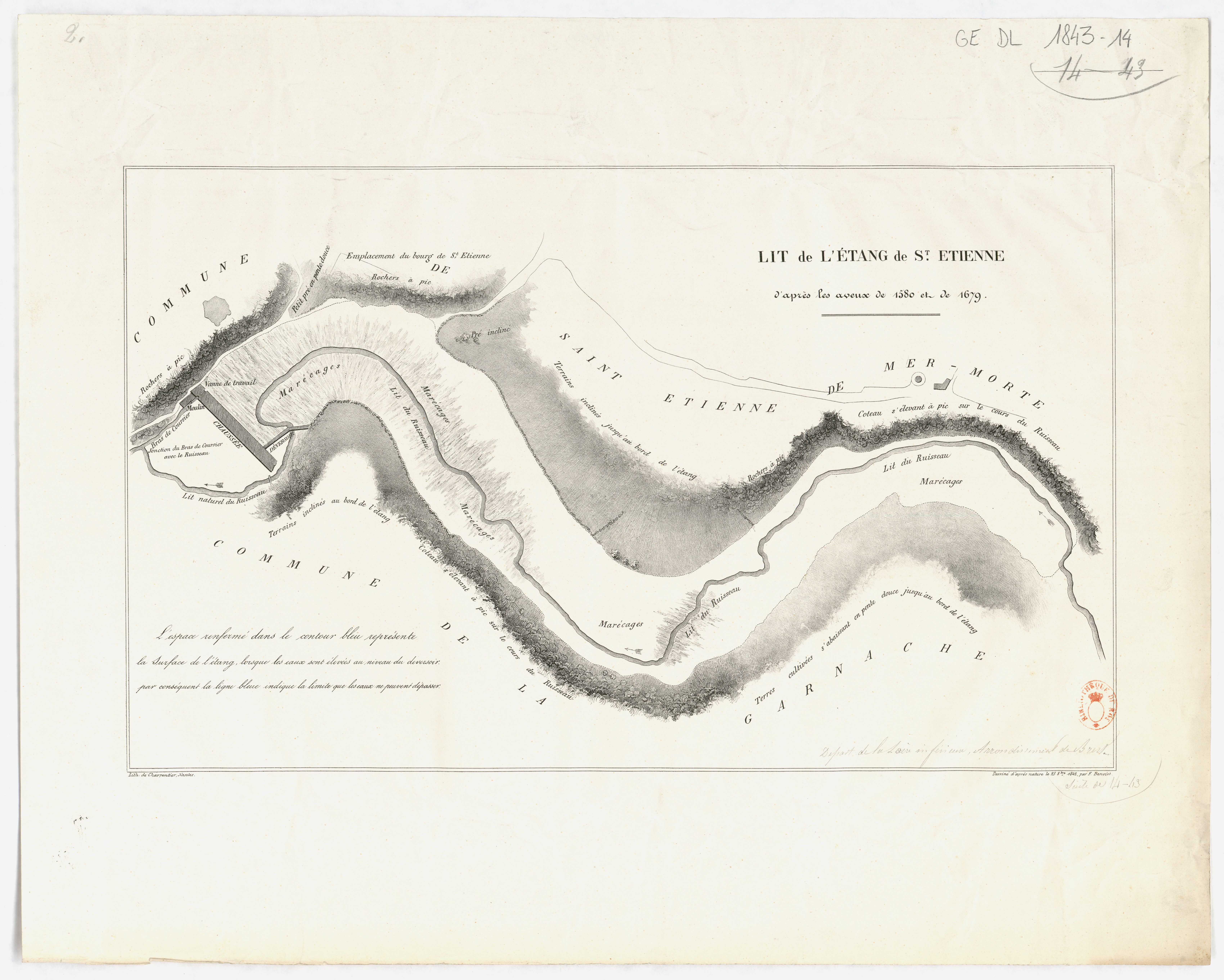 Lit de l'étang de St Etienne d'après les aveux de 1580 et de 1679 / dessiné d'après nature par F. Benoist g ; lith. de Charpentier