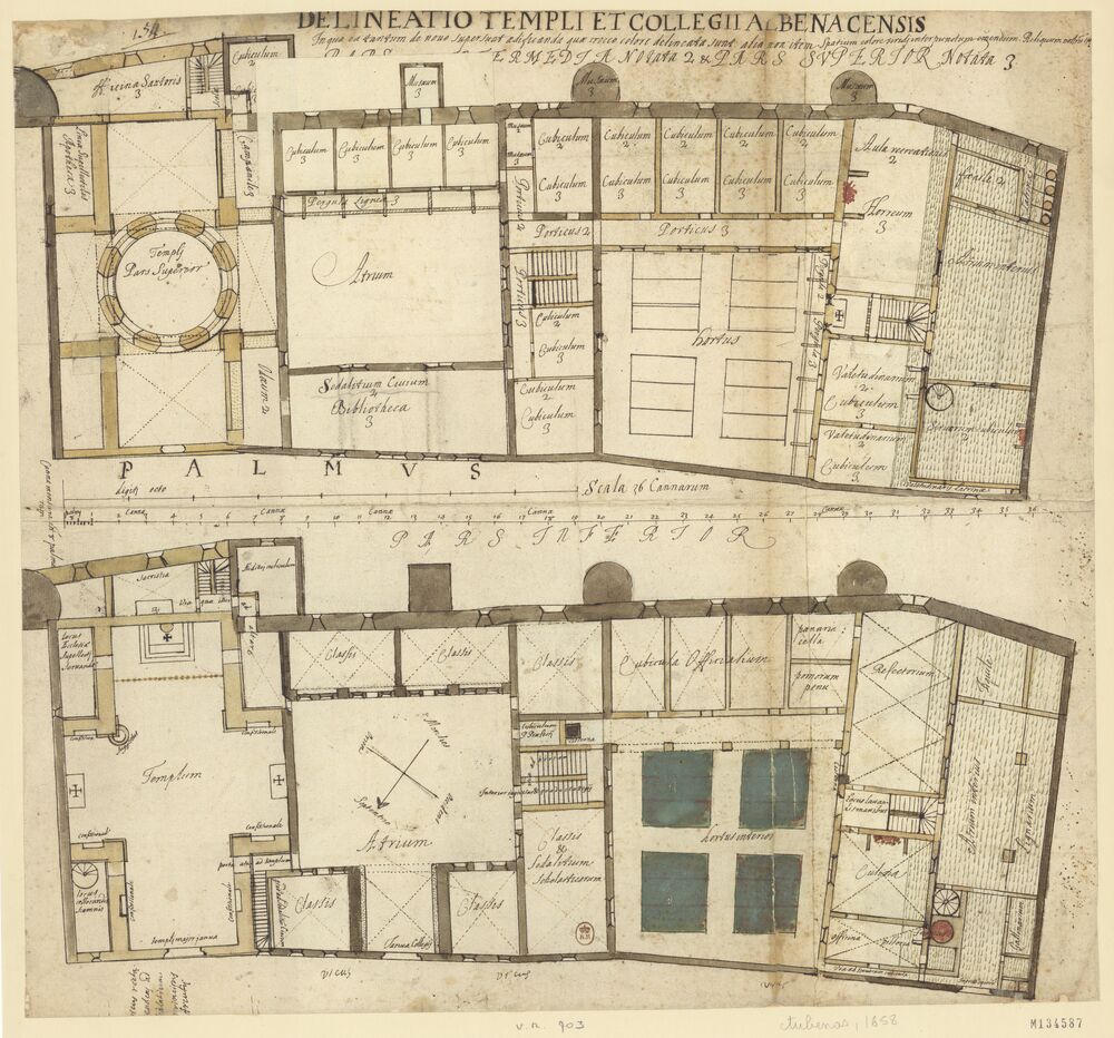 Collège d'Aubenas, France, Ardèche : plans du rez-de-chaussée et du premier étage sur la même feuille] : [dessin, plan] / [P. Antoine Hercule de Rochecolombe]