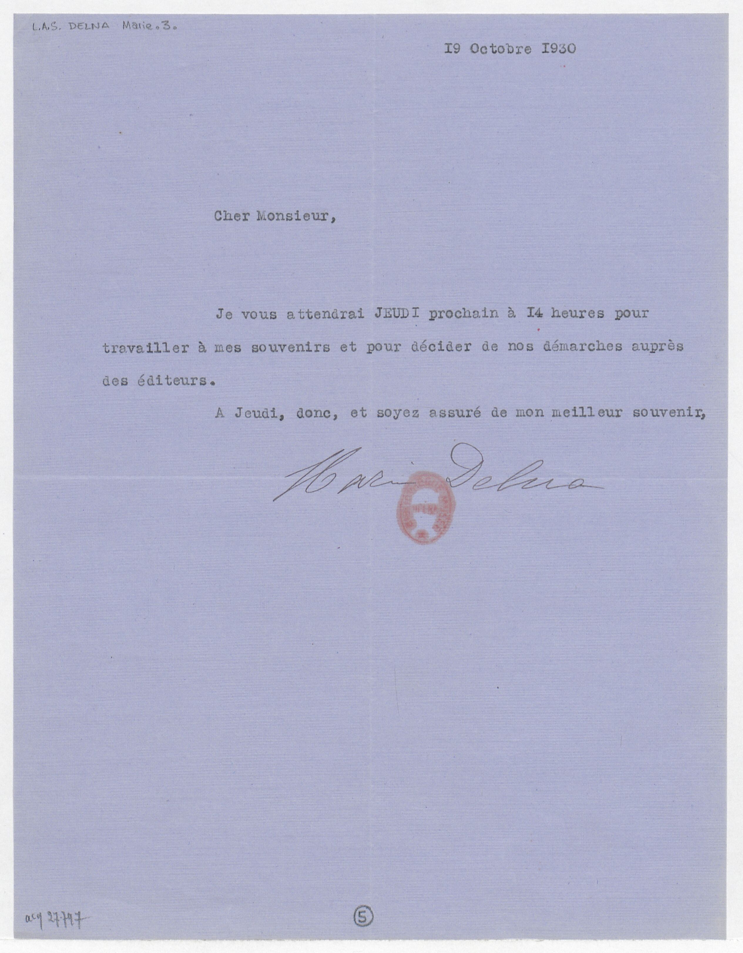 [Lettre dactylographiée avec signature autographe de Marie Delna, 19 octobre 1930] (manuscrit autographe)