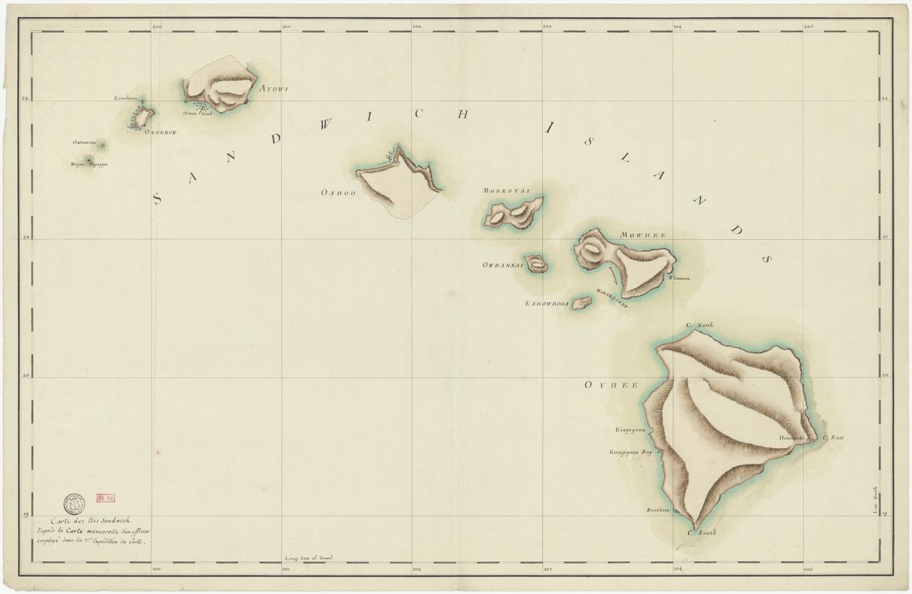17?? Carte des îles Sandwich d'après la carte manuscrite d'un officier employé dans la 3e expédition de Cook