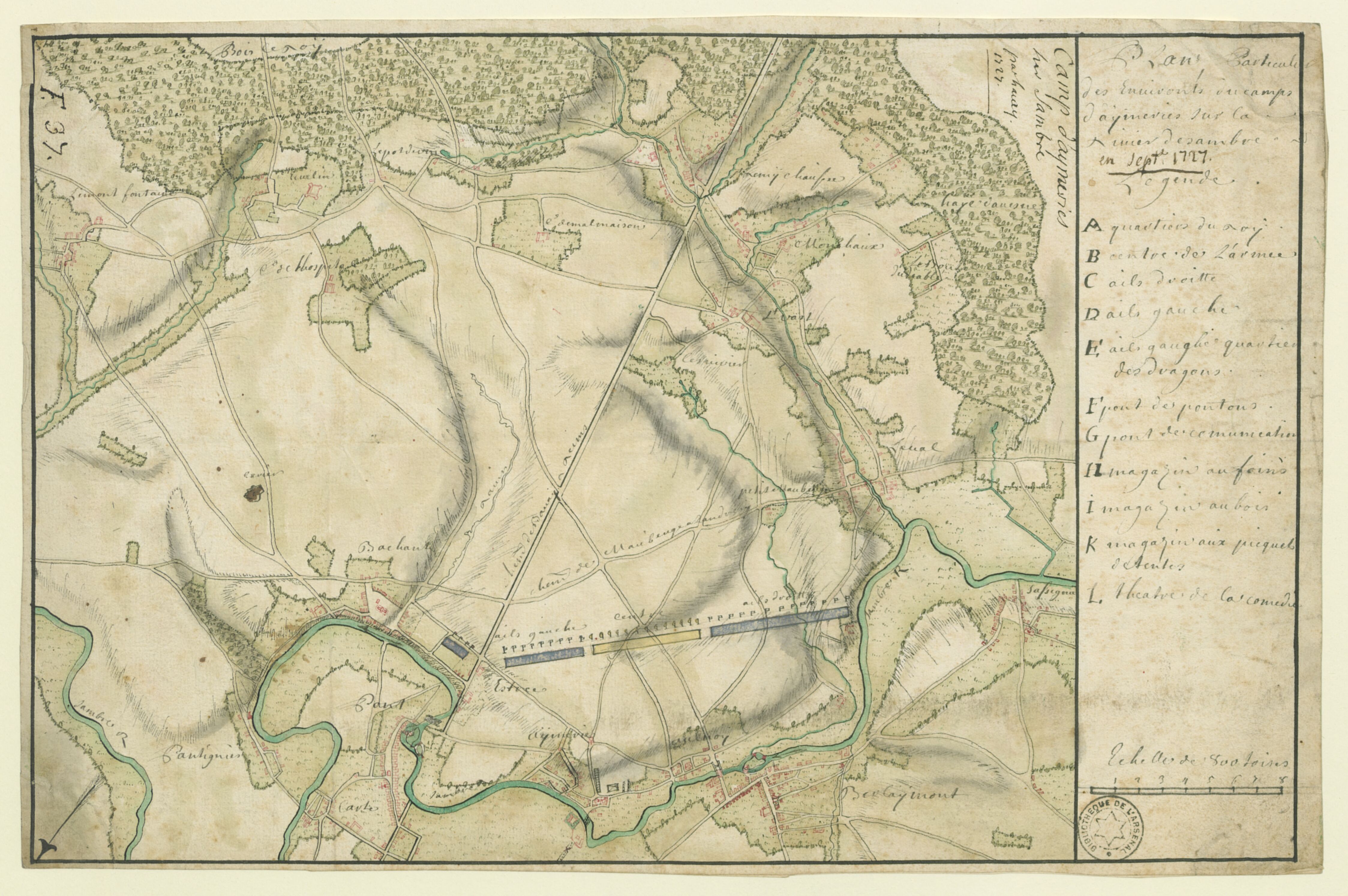 Plan particulier des environs du camp d'Aymeries sur la rivière de Sambre en sept. 1727