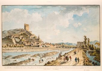 Vue de la ville et du chateau de Crest en Dauphiné sur la Drôme ... : [dessin] / O. Le May
