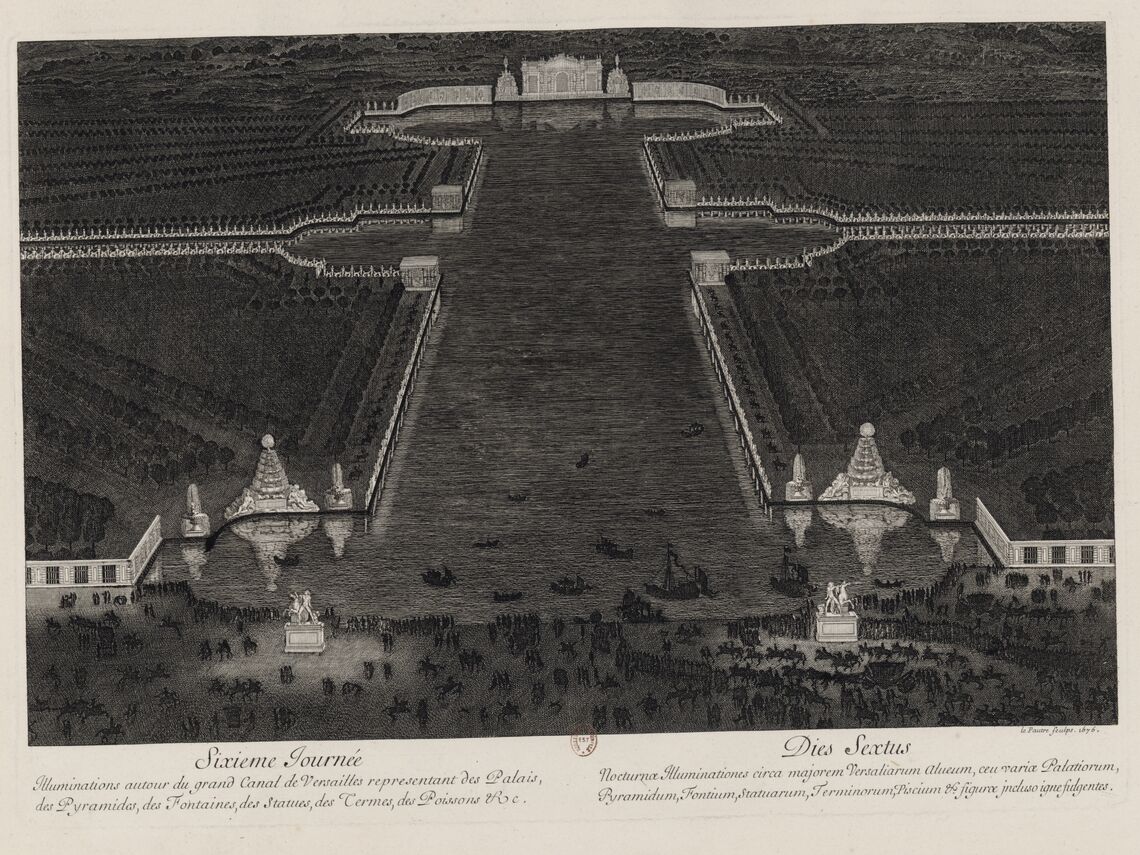 Sixième journée des Divertissemens de Versailles. Illuminations autour du grand canal.