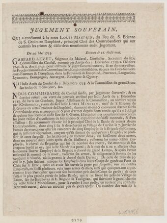 Jugement souverain qui a condamné à la roue Louis Mandrin du lieu de S. Etienne de S. Geoirs en Dauphiné