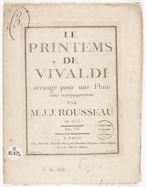 Le Printems de Vivaldi, arrangé pour une flûte sans accompagnement par M. J. J. Rousseau, en 1775