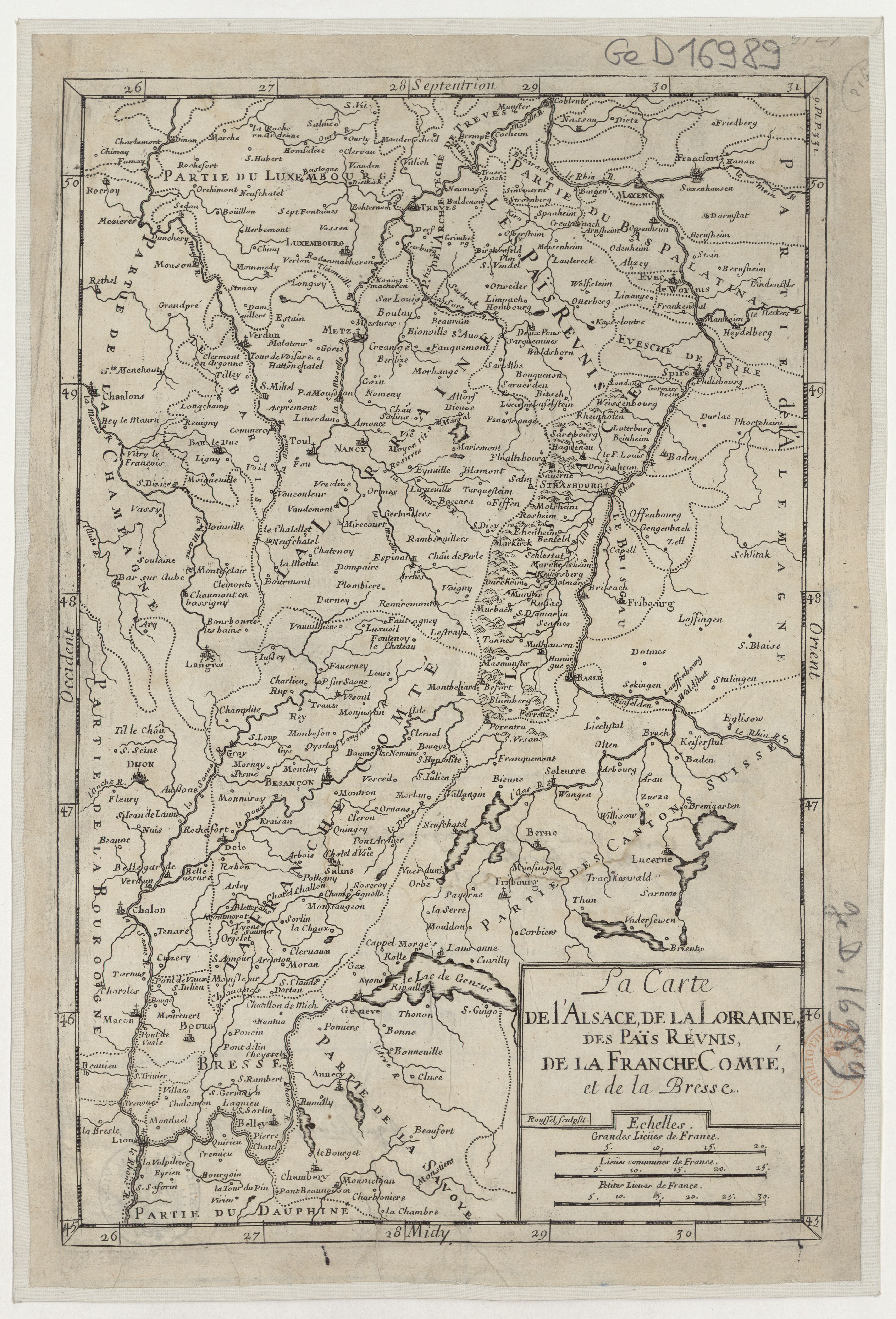 La Carte de l'Alsace, de la Lorraine, des Pays Réunis, de la Franche Comté et de la Bresse / Roussel sculpsit