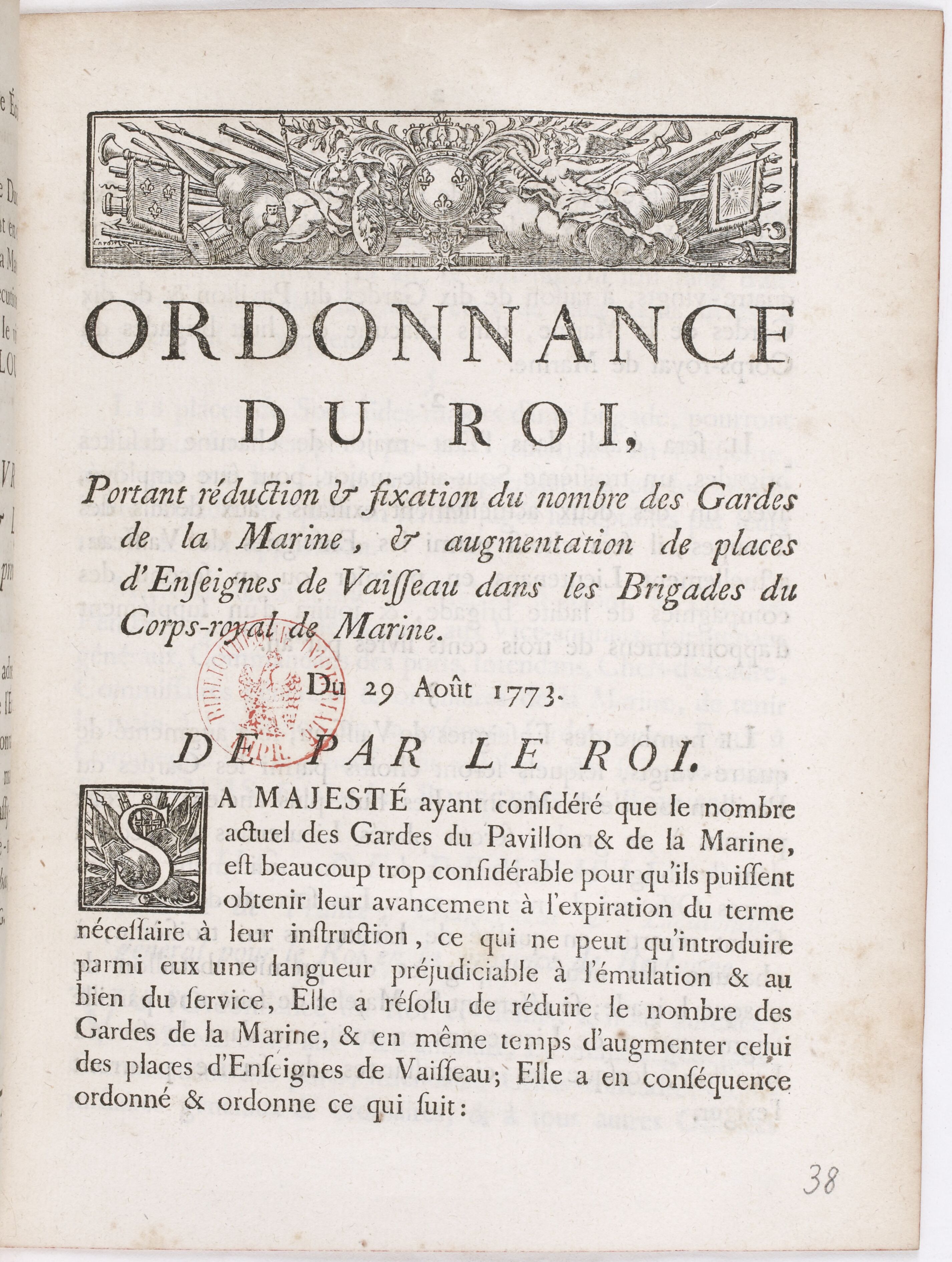 Ordonnance... portant réduction et fixation du nombre des gardes de la marine et augmentation de places d'enseignes de vaisseau dans les brigades du corps royal de la marine...