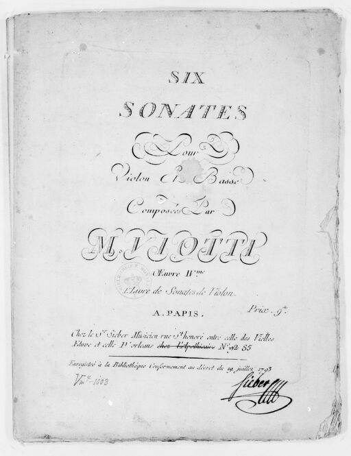 Six Sonates pour violon et basse... Oeuvre IVe, 1er livre de sonates de violon