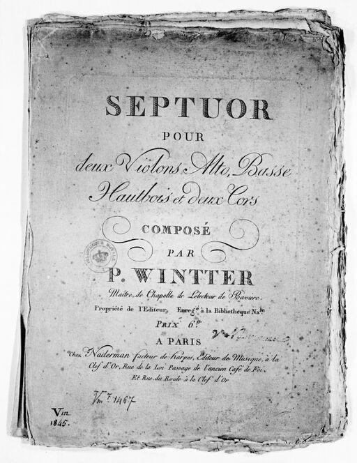 Septuor for two violins, viola, bass, oboe and two horns...