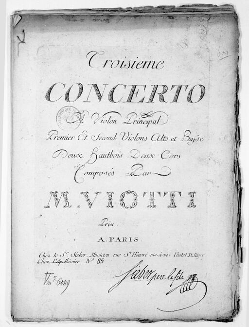 Troisième Concerto a violon principal, premier et second violon, alto et basse, deux hautbois, deux cors...