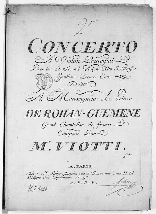 Deuxième Concerto a violon principal, premier et second violon, alto et basse, deux hautbois, deux cors...