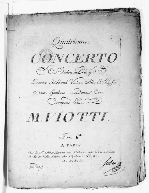 Quatrième Concerto a violon principal, premier et second violons, alto et basse, deux hautbois, deux cors...